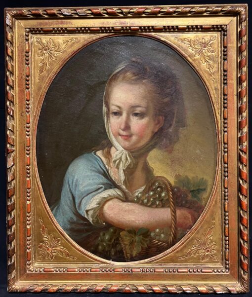 French Rococo 18th-Century Portrait of Young Girl with Grapes Oval Oil Painting