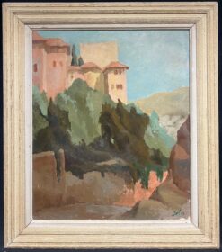 Mid Century French Warm Landscape with Old Fortress Moody Greens Oil Painting