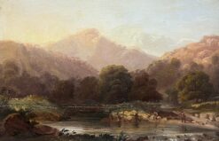 Antique c.1800's Scottish Oil Highland Landscape Anglers Fishing Autumnal River