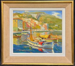 Vintage French Impressionist Signed Oil Villefranche sur Mer Harbor Cote d'Azur