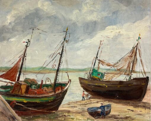 Harbour at Low Tide with Boats by the Pier 1930's French Impressionist