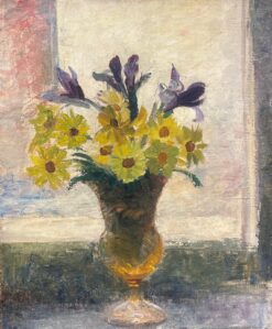 Bright Still Life with Yellow Daisies and Purple Irises in a Glass Vase
