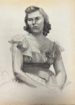 Mid Century French Portrait of a Woman in a Ruffled Dress