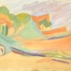 French Abstract Coastal Boat Composition with Pastel Tones and Fluid Forms