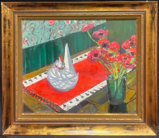 1960's French Modernist Still Life Oil with Ceramic Hen and Red Poppies
