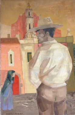 1950's French Modernist Mexican Scene Man in Cowboy Hat City Square