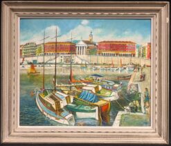 Vintage Mid 1900-1999 French Oil Painting Nice Old Port Harbor Busy Scene