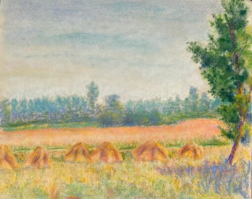 Mid 1900-1999 Harvest Hues Pastel Landscape of Haystacks and Fields at Dawn