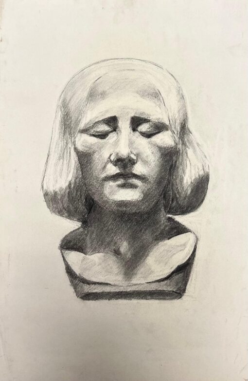 Mid Century French Pencil Drawing of a Peaceful Stone Female Head