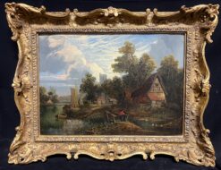 1840 - 1860 English River Landscape Cottage and Figure on River Wherry