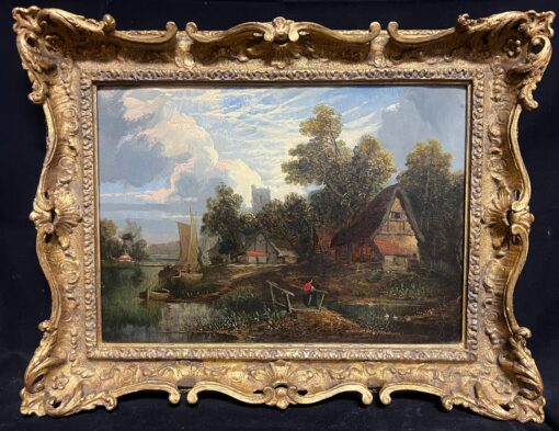 1840 - 1860 English River Landscape Cottage and Figure on River Wherry
