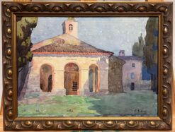 Sunlit Chapel in the Provence Countryside Antique French Watercolor Study