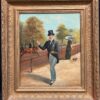 Victorian Oil Charming London Park Scene with Dapper Gentleman Smoking & Horses