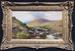 Antique British Oil Painting Cattle by Highland Stream at Sunset, framed