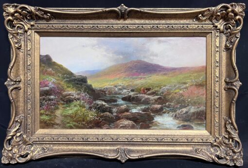 Antique British Oil Painting Cattle by Highland Stream at Sunset, framed