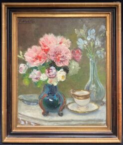 Antique French Signed Pink Flowers in Blue Vase Floral Still Life Oil Painting