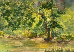 Forest Scene with Sunlit Foliage Tranquil Watercolor Banks of the Buëch River