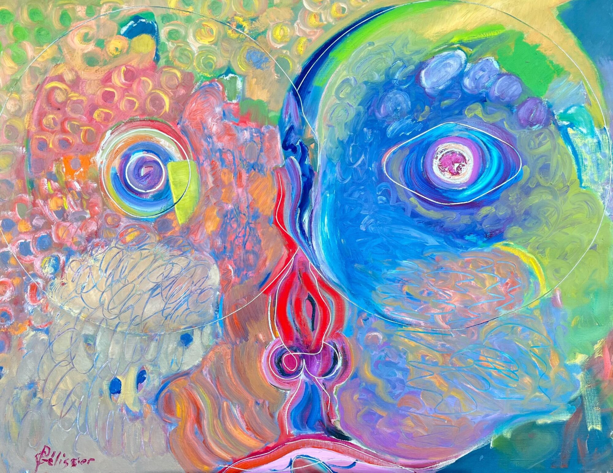 Huge French 1900-1999 Bright Colorful Dual Abstract Faces Oil Painting