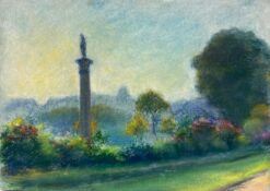 Bright Tranquil Pastel Landscape with Monument Silhouette