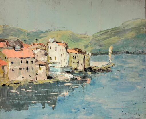 French Impressionist Tranquil Harbor with Sunlit Buildings Coastal Village Scene