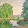 Antique French Impressionist Oil Tranquil Riverbank Scene Luminous Landscape