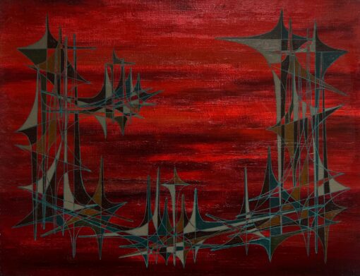 1900-1999 French Geometric Abstract Composition Oil Painting Deep Red Colors
