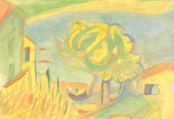 Vibrant Abstract Landscape with Yellow and Green Tones Featuring Swirling Tree
