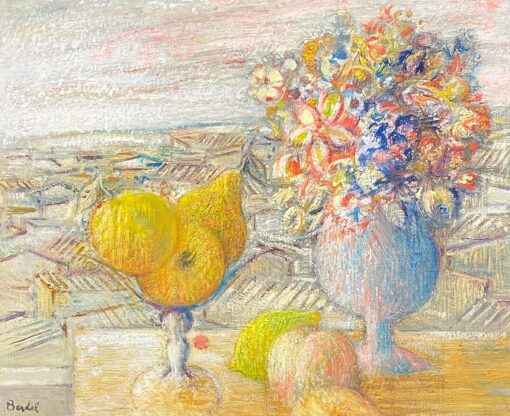 Beautiful Impressionist Still Life with Vibrant Florals & Citrus French Artist