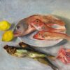 Mid 1900-1999 1950s French Oil Still Life Pink Fish & Lemons on Plate