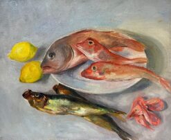 Mid 1900-1999 1950s French Oil Still Life Pink Fish & Lemons on Plate
