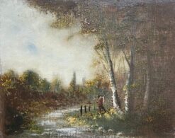 1800-1899 French Woodland Landscape with River Figure Antique Oil Painting