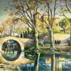 Old French Chateau Figures on the River Banks & Bridge Huge French Oil Painting