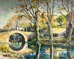 Old French Chateau Figures on the River Banks & Bridge Huge French Oil Painting