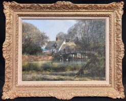 Traditional English Thatched Cottage by River with Swans Listed British Artist