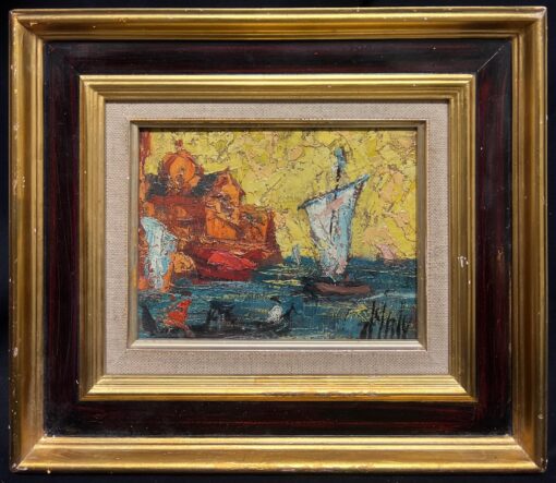 Vibrant 1930-1970 Modernist Med Seascape Sailboats & Coastal Buildings