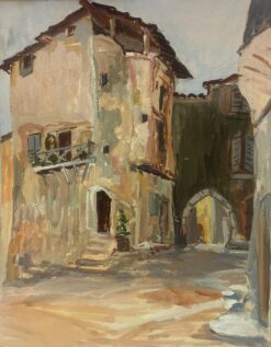 Painting of a Quaint Village Square with Rustic Stone Arched Doorway