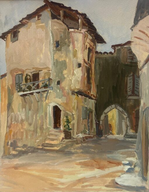 Painting of a Quaint Village Square with Rustic Stone Arched Doorway