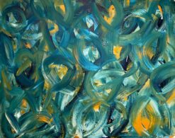 British Abstract Painting Contemporary Bold Brushstrokes in Teal Blue and Yellow