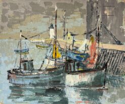 French Impressionist Fishing Boats at the Harbor with Lighthouse Oil Painting