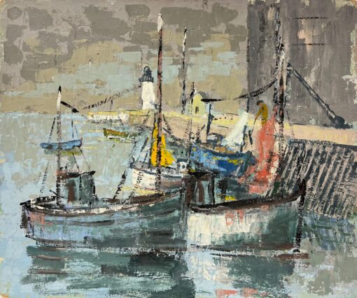 French Impressionist Fishing Boats at the Harbor with Lighthouse Oil Painting