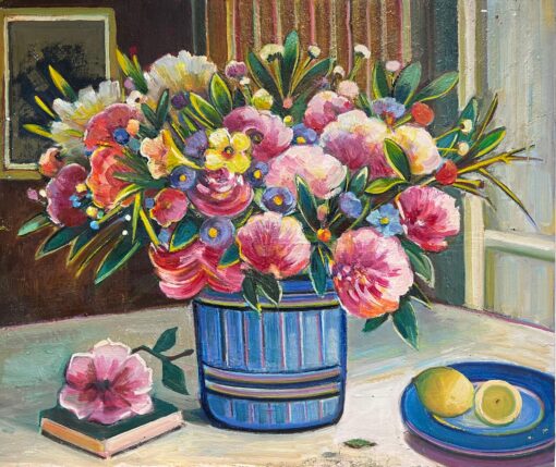 1900-1999 French Modernist Still Life Oil Painting Pink Flowers Interior Room