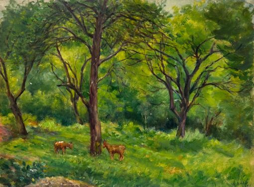 Peaceful Woodland Scene with Grazing Deer Amidst Verdant Trees Forest Landscape