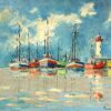Colorful Fishing Boats and Lighthouse Landscape Reflections on Calm Waters
