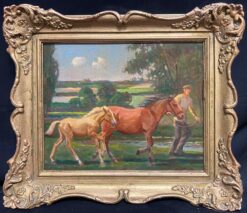 Vintage Equestrian English Oil Painting in Ornate Frame Mare and Foal Landscape