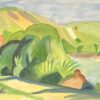 Vibrant Modernist Landscape with Lush Green Foliage and Rolling Hills