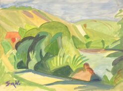 Vibrant Modernist Landscape with Lush Green Foliage and Rolling Hills