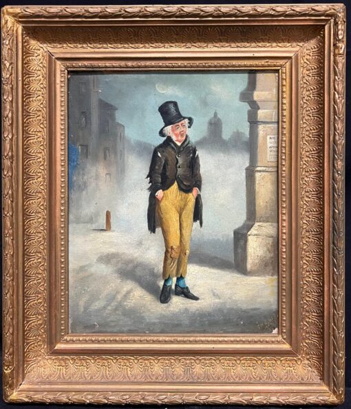 Victorian Oil Painting of Top Hat Gentleman Strolling in Misty London Streets