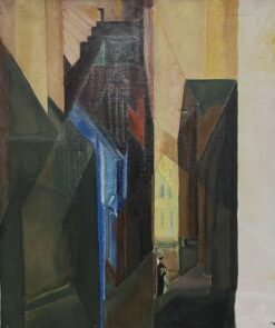 1900-1999 French Cubist Oil Painting Street View at Night Time