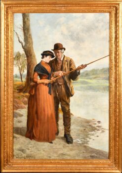 Large Victorian Oil Painting Young Lady Fishing Lesson Highland River Landscape