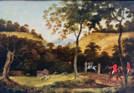 1850’s English Hunting Countryside Oil Huntsman on Horseback and Hounds